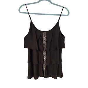 White House Black Market womens medium brown silk tiered ruffle embroider tank